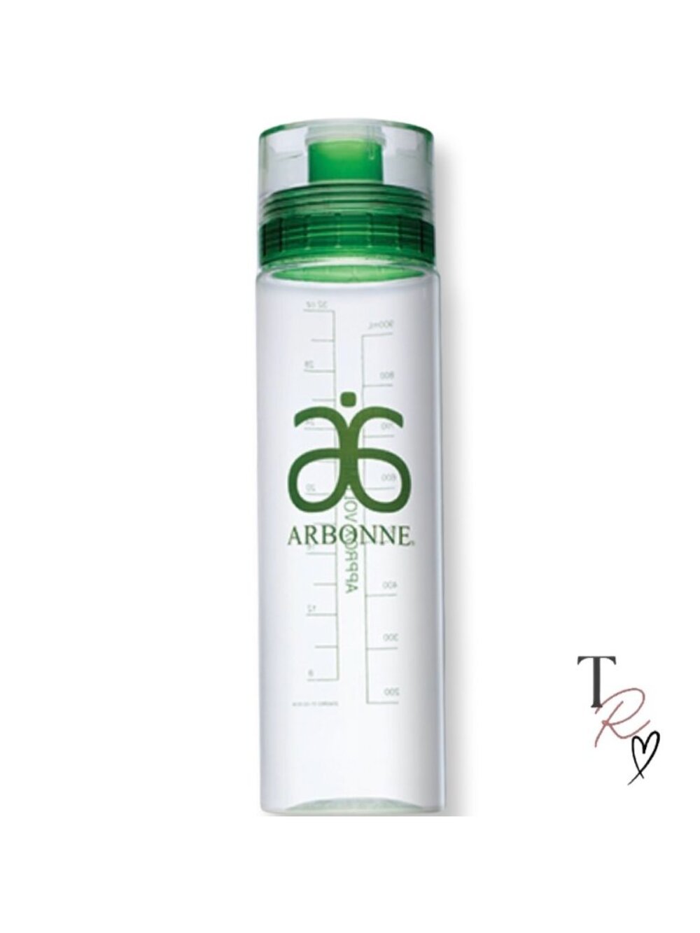 Arbonne NEW 32 oz Water Bottle Green Logo Clear Plastic Hydration Tracker